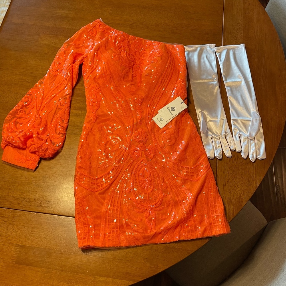 Classic One-Shoulder Orange Sequin-Pattern Dress